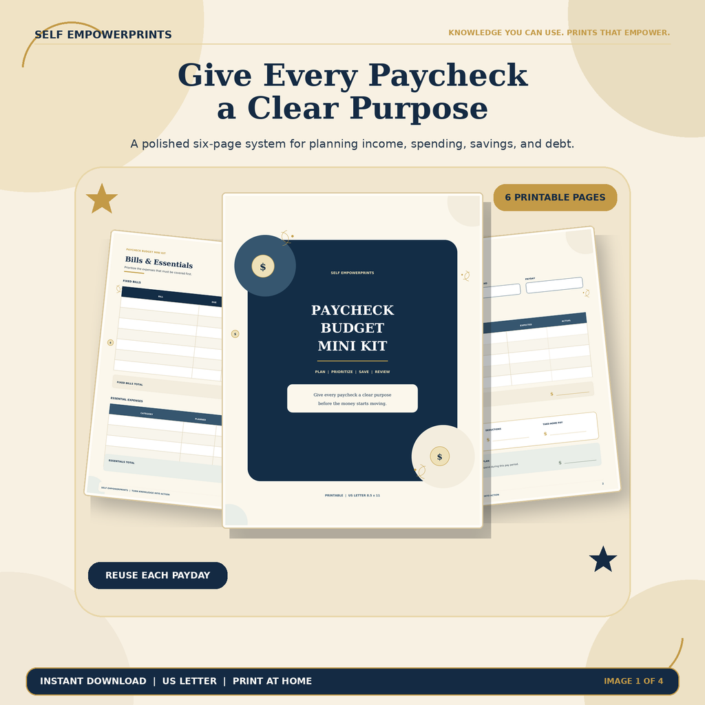 Paycheck Budget Mini Kit printable cover and worksheet preview in cream, navy, and gold