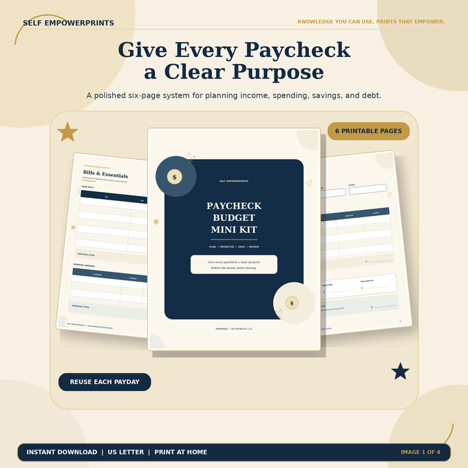 Paycheck Budget Mini Kit printable cover and worksheet preview in cream, navy, and gold