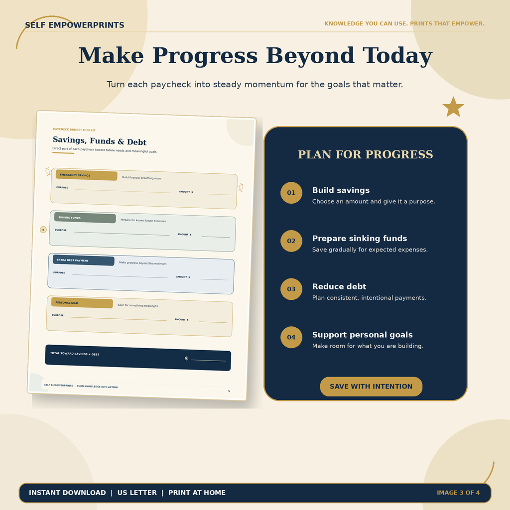 Savings, sinking funds, debt, and personal goals worksheet preview from the Paycheck Budget Mini Kit