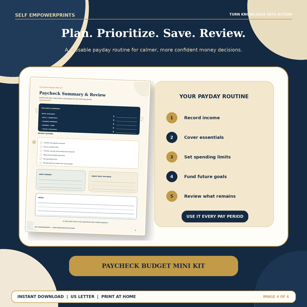 Paycheck summary and review worksheet with five-step payday routine