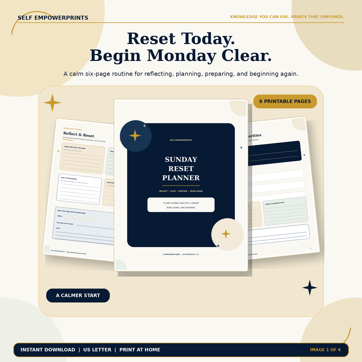 Sunday Reset Planner printable cover and worksheet preview in cream, navy, and gold