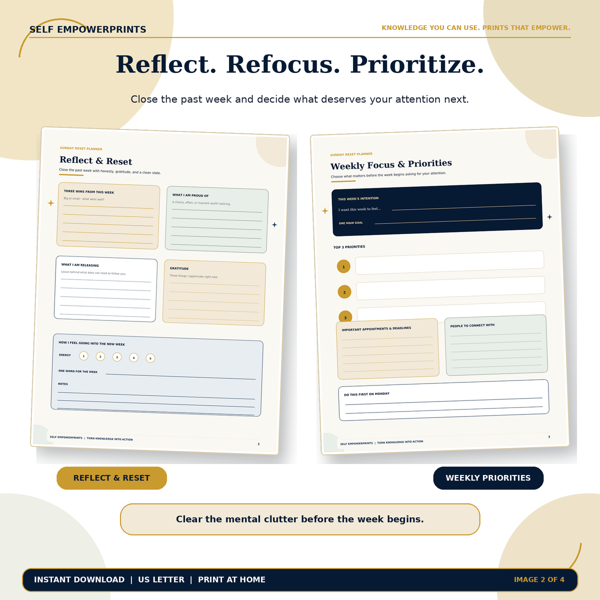 Reflect and Reset and Weekly Focus and Priorities printable worksheet previews