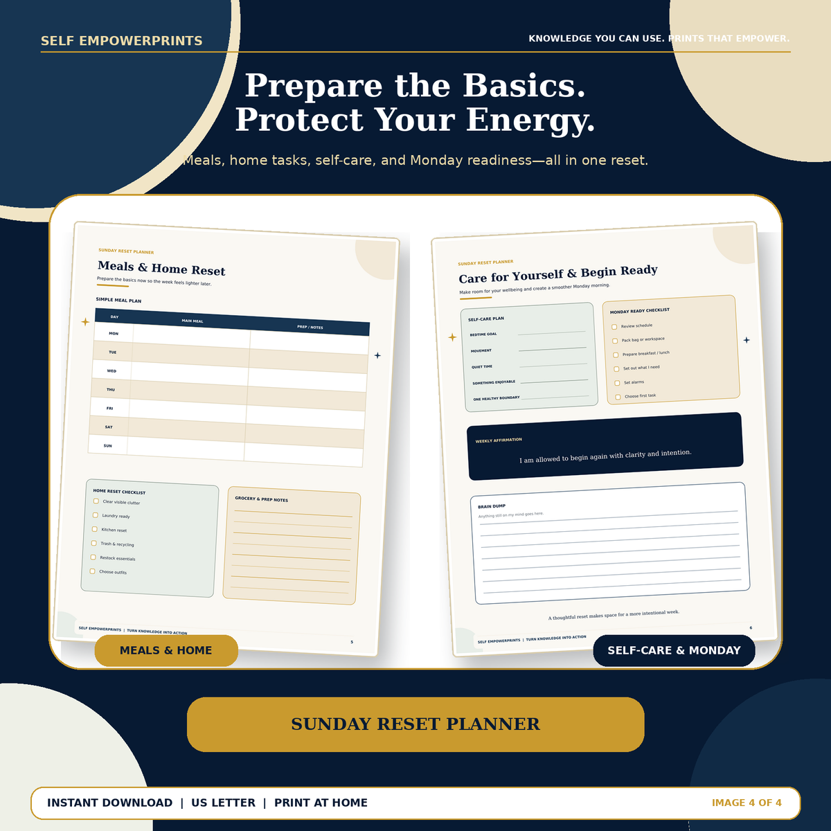 Meals and Home Reset and Self-Care and Monday Ready printable worksheet previews