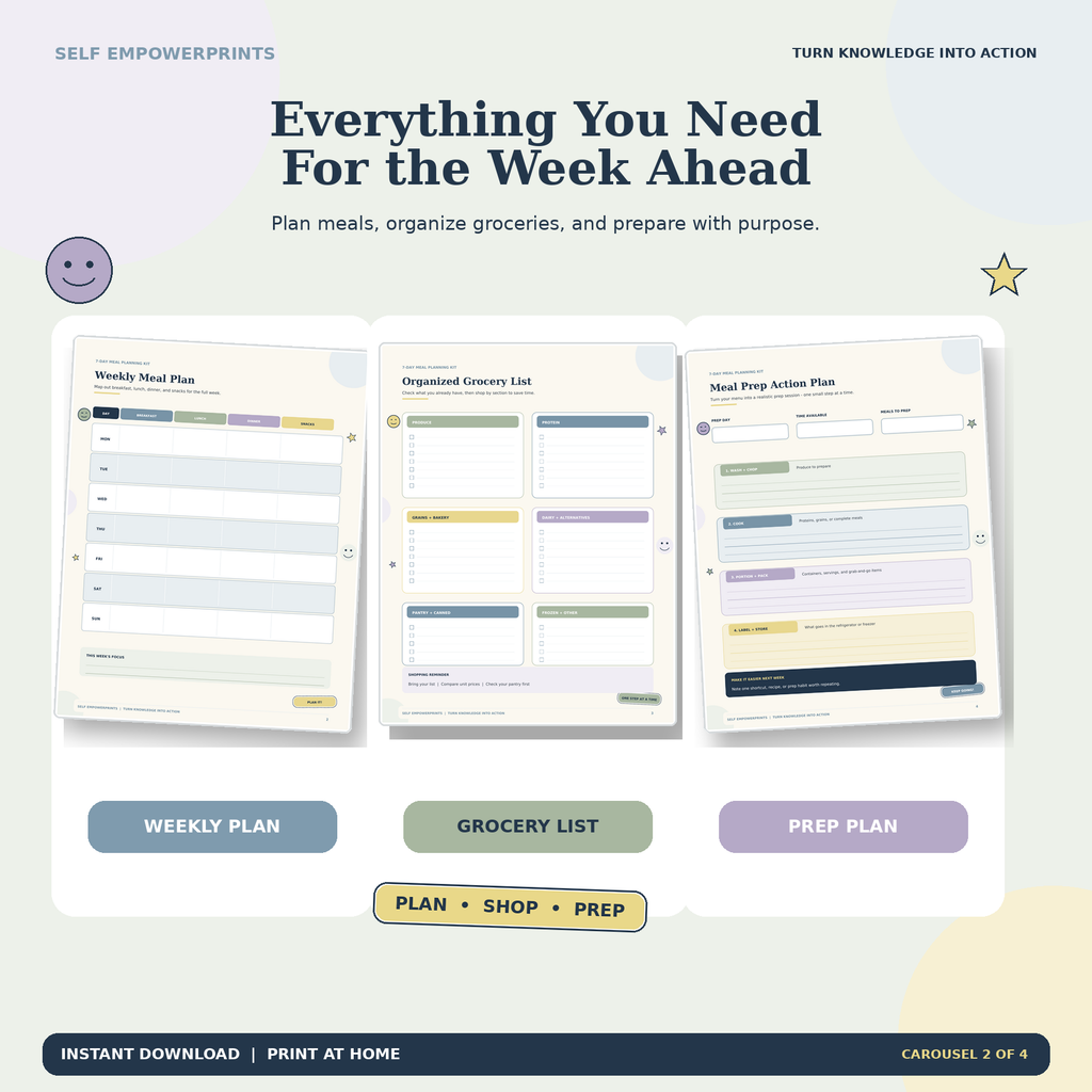 Weekly meal planner and grocery list pages from the 7-Day Meal Planning Kit
