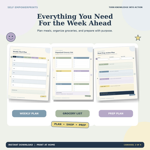 Weekly meal planner and grocery list pages from the 7-Day Meal Planning Kit