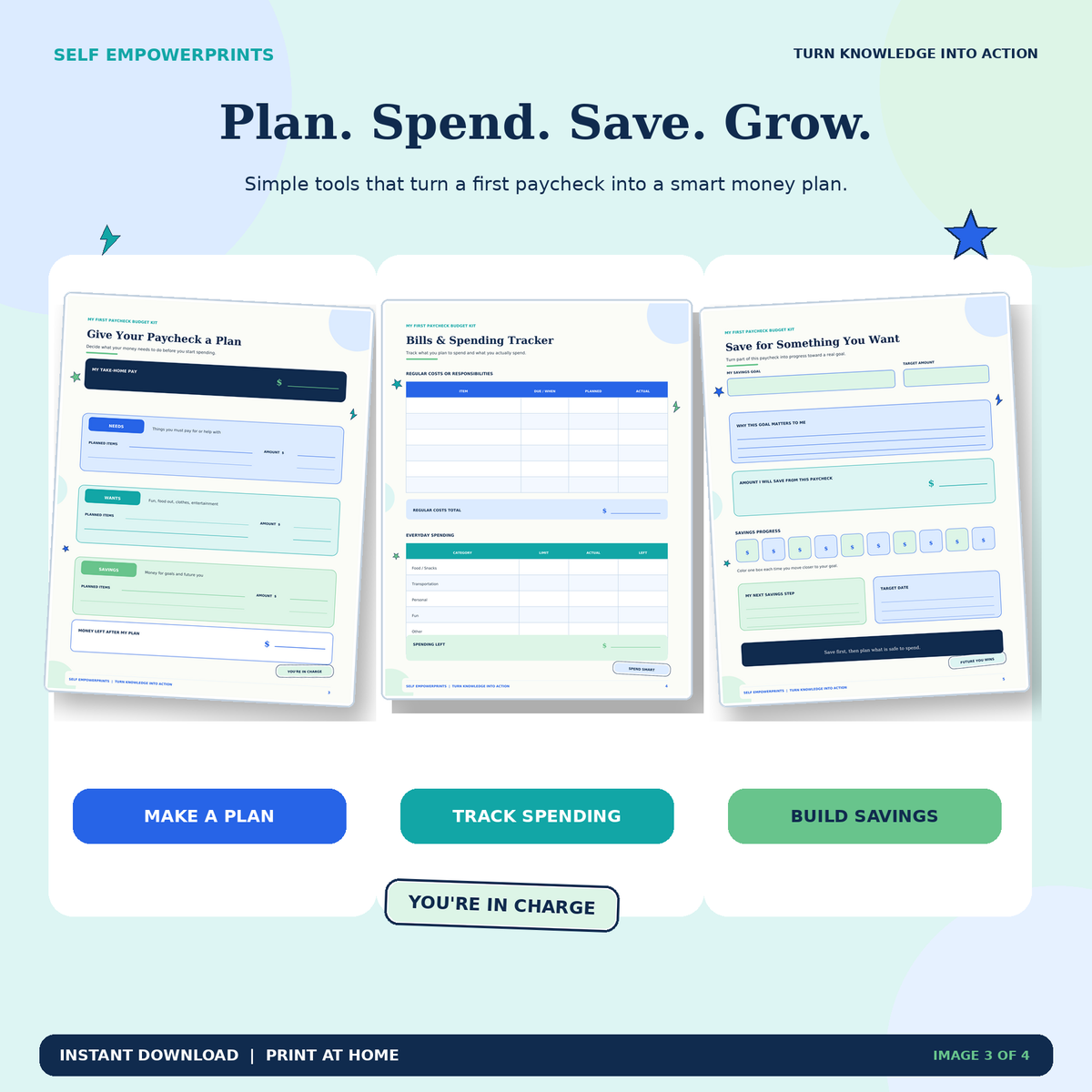 Teen paycheck budget planning and savings worksheets