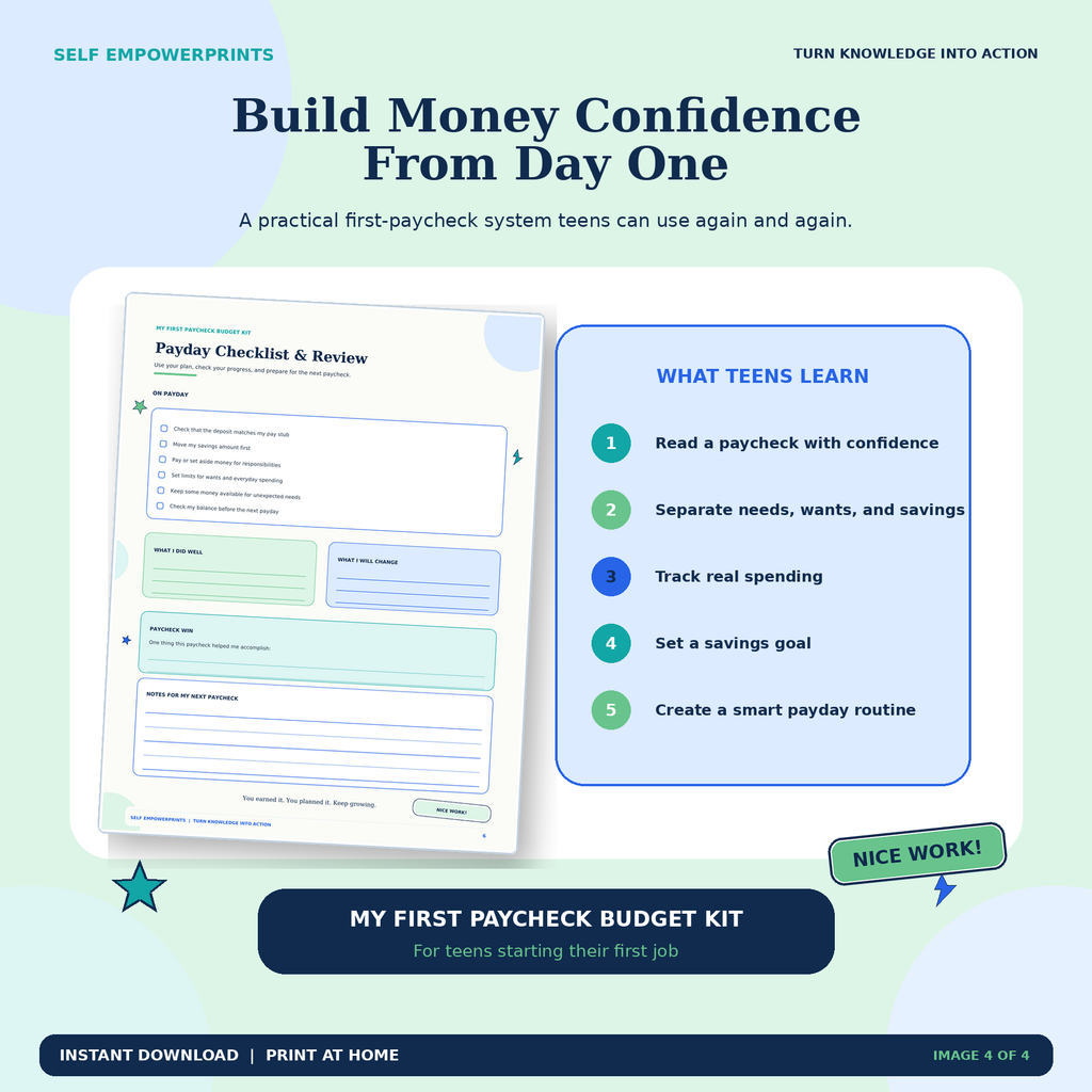 Six-page first paycheck budgeting printable kit for teens