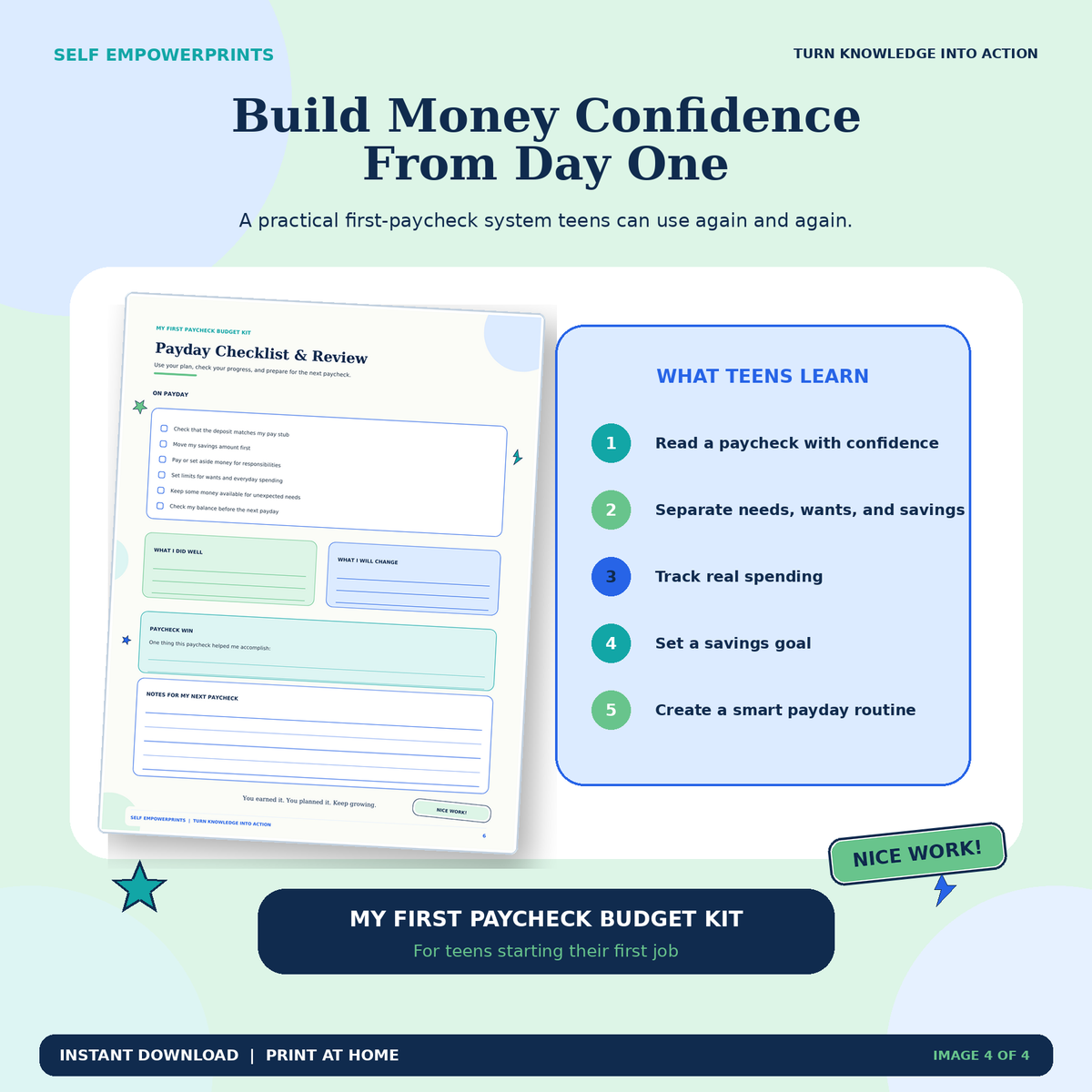 Six-page first paycheck budgeting printable kit for teens