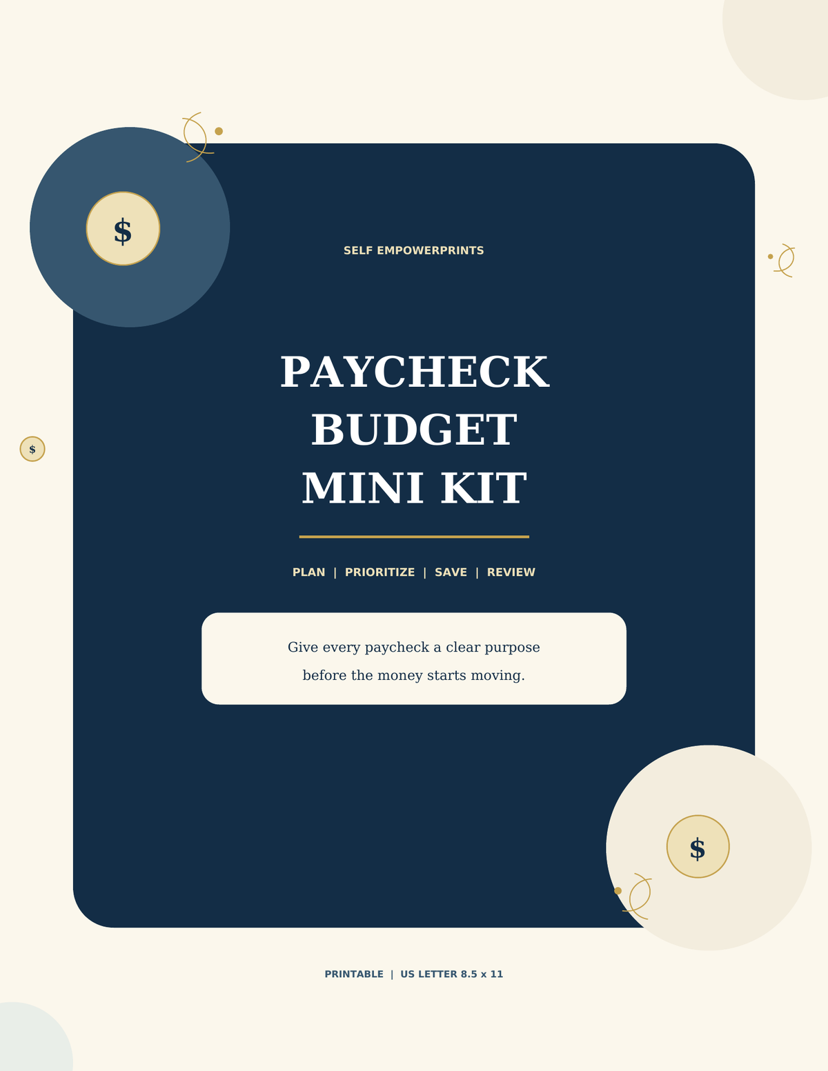 Paycheck Budget Mini Kit printable cover in navy, gold, and cream