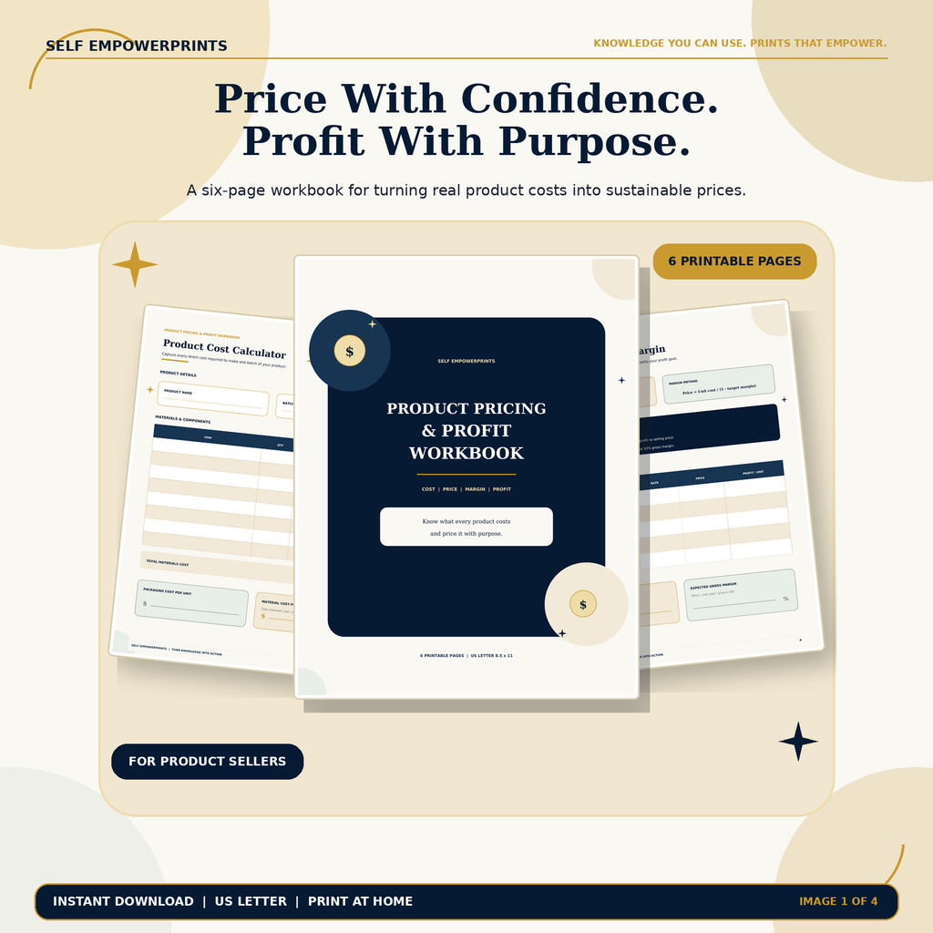 Product Pricing and Profit Workbook printable cover and worksheet preview in cream, navy, and gold