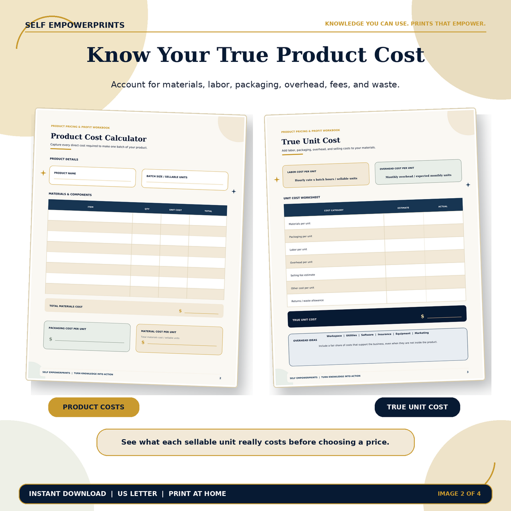 Product Cost Calculator and True Unit Cost printable worksheet previews