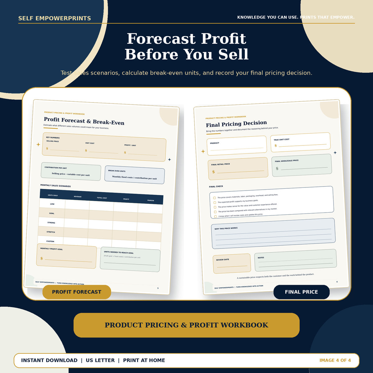 Profit Forecast Break-Even and Final Pricing Decision worksheet previews